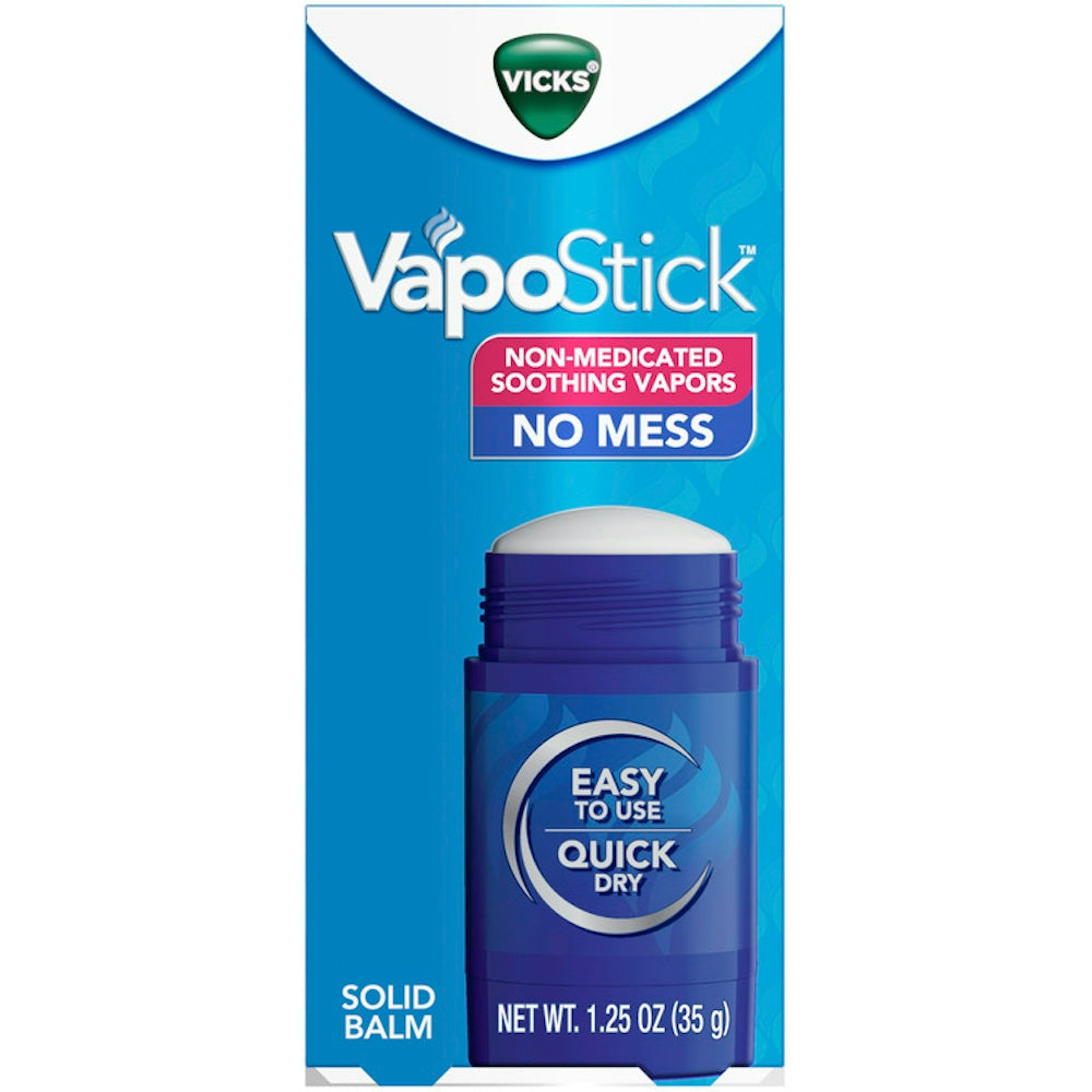 Vicks Solid Balm for respiratory relief with soothing vapors, non-medicated, no mess, 1.25 oz, shown in a container with the product label.