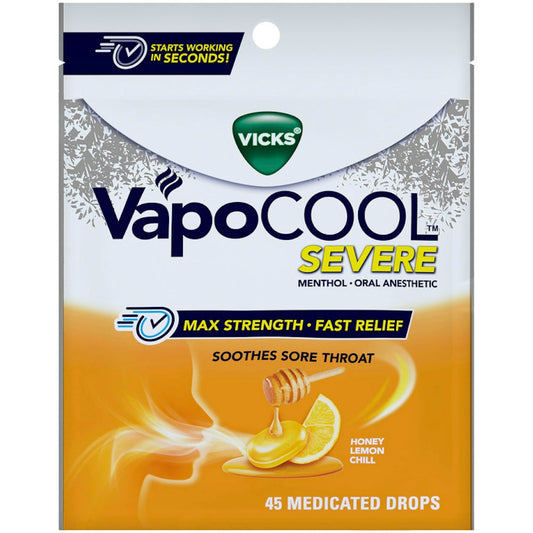Vicks Vapo Cool Severe Medicated Lozenges in Honey Lemon Chill flavor, 45 drops, soothing sore throat and cough relief.