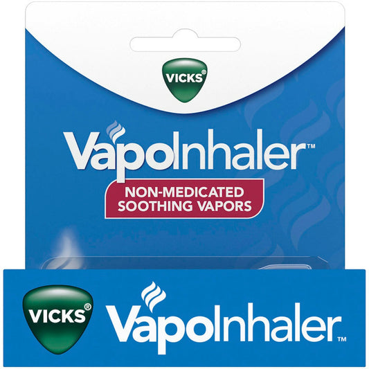 Vicks VapoInhaler portable nasal inhaler with refreshing menthol vapors for respiratory relief, displayed on a white background.