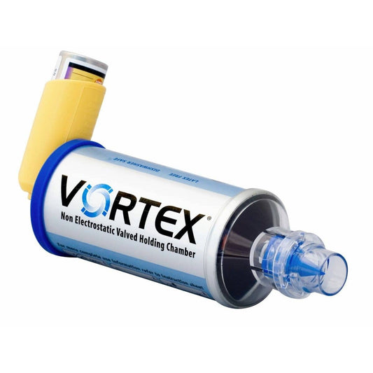 Vortex non-electrostatic valved holding chamber for MDIs used in respiratory care, with clear chamber and valve system.