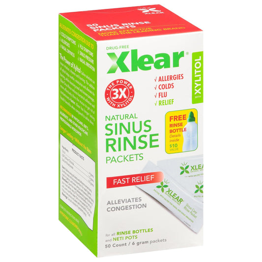 Xlear Natural Sinus Rinse Packets in a 50-count box, respiratory care product for nasal relief, by Pasteur Pharmacy.