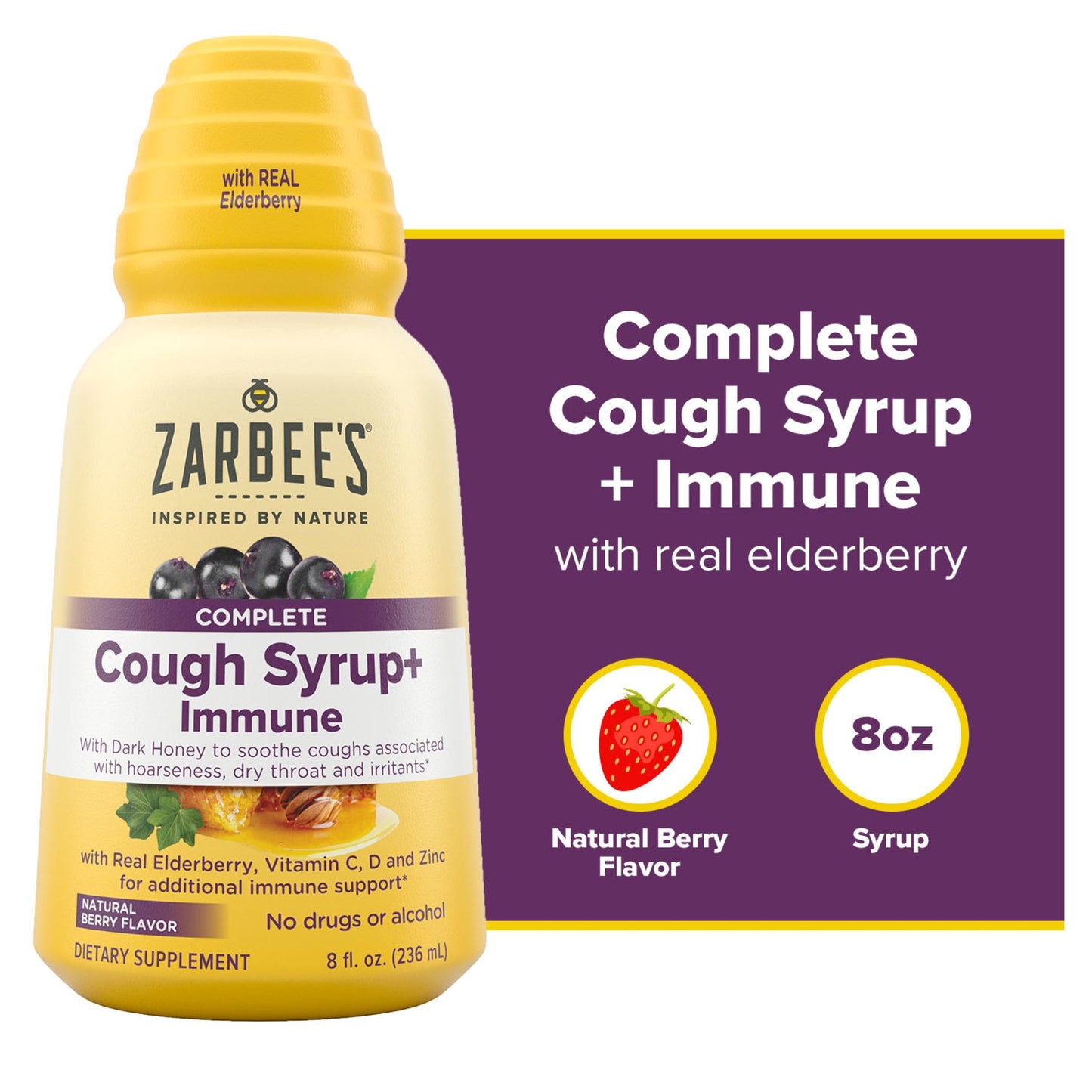 Zarbee's Cough and Immune Support Syrup in natural berry flavor, 236ml, in a clear bottle with a white and berry-colored label.