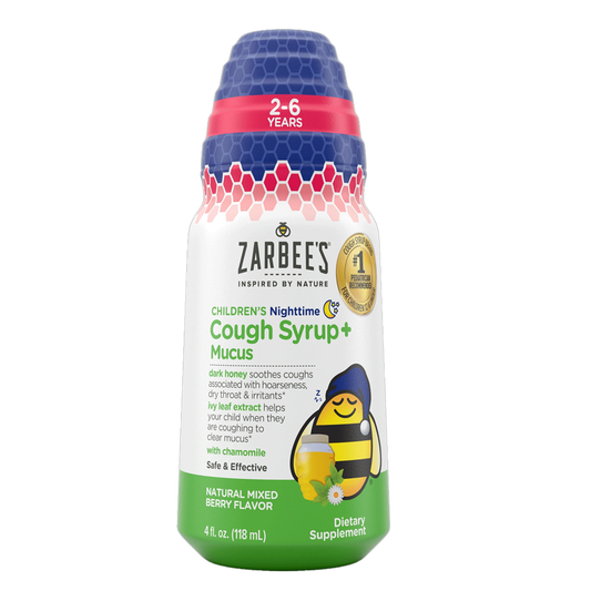 Children's Zarbee's Nighttime Cough Syrup with Mucus relief in natural mixed berry flavor, 4 fl oz, respiratory care product.