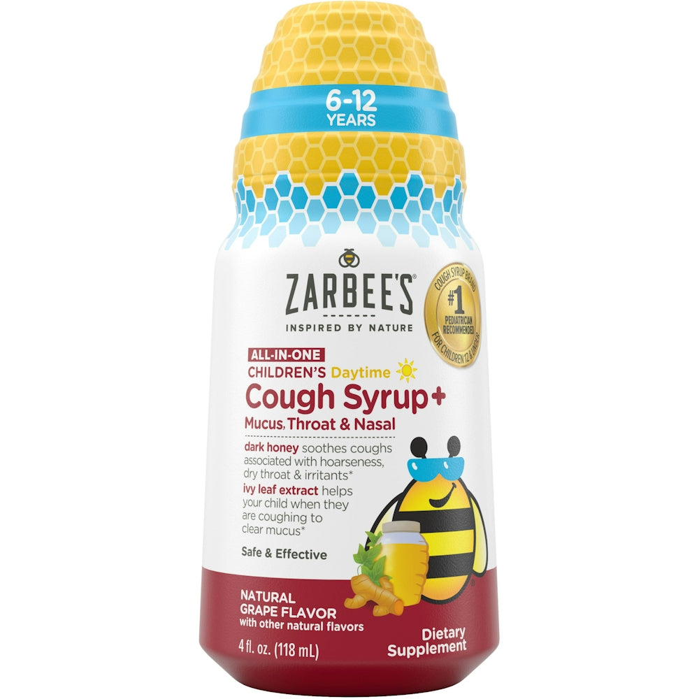 Children's Zarbee's Cough Syrup for mucus, throat, and nasal relief in natural grape flavor, 4 fl oz bottle.