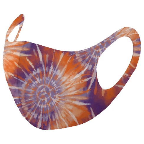 Reusable unisex face mask by Pasteur Pharmacy in vibrant orange and purple tie-dye, made for comfortable, reusable face protection.