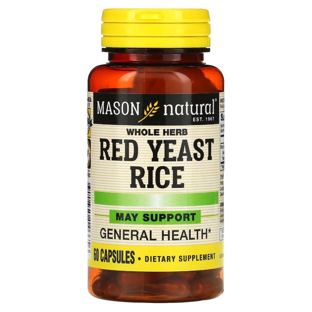 Red Yeast Rice herbal capsules from Mason Natural, showing the beige capsules in a clear container on a white background.