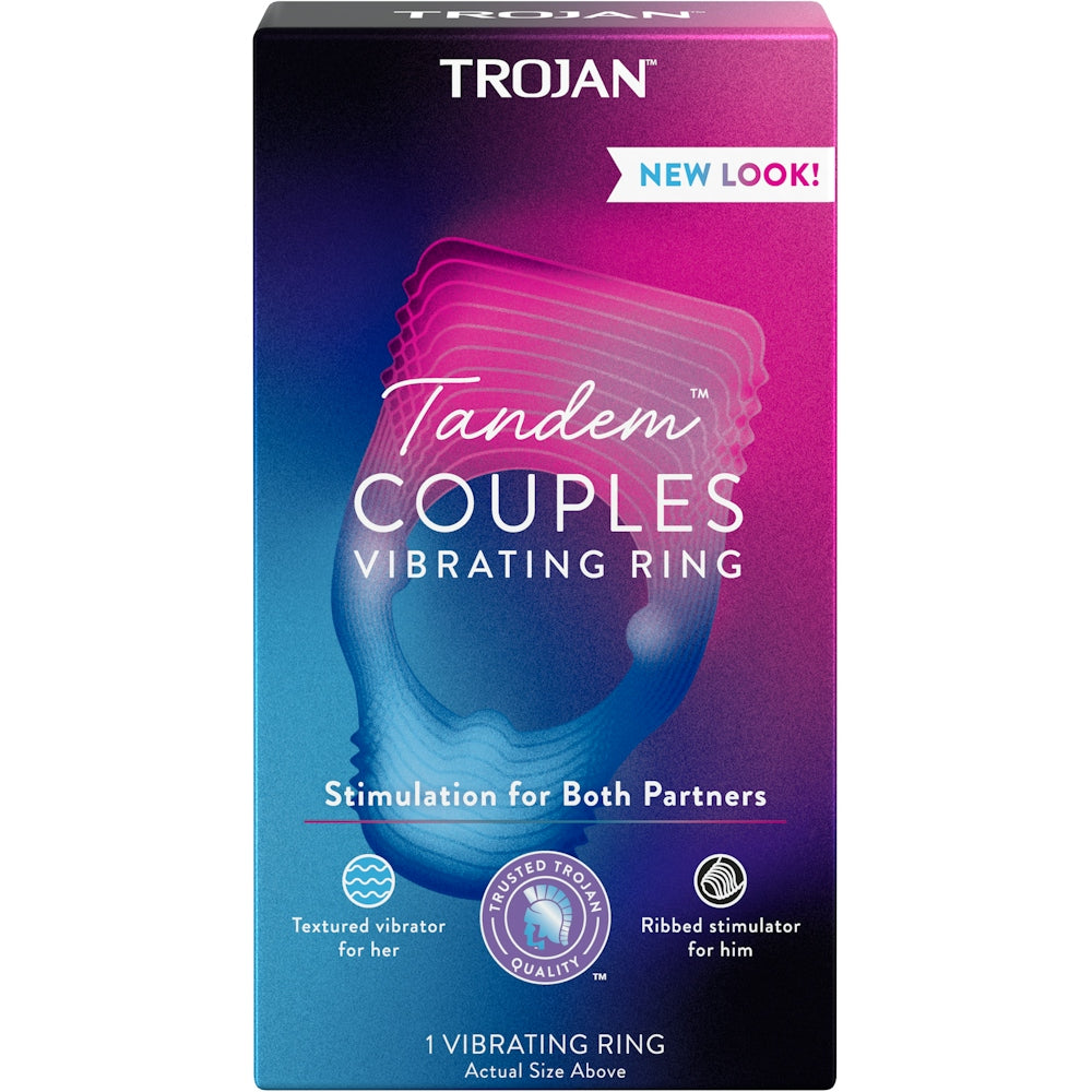 Trojan Vibrations Tandem Couples Vibrating Ring, personal massager, black silicone ring designed for intimate pleasure.