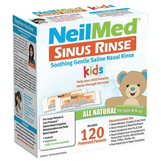Neilmed Sinus Rinse Pediatric Packets, nasal rinse aid for children, in a clear packet with blue and white packaging.