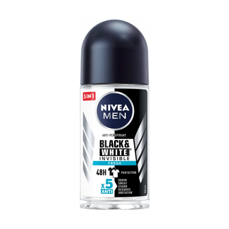 Nivea Men Black & White Invisible Fresh 48H 5-in-1 Roll-On Deodorant 50ml with clear cap and label showing product details.
