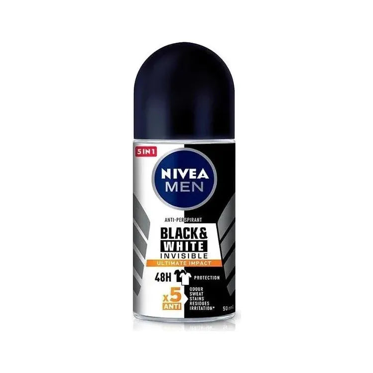 Nivea Men Black & White Invisible Ultimate Impact 48H 5-in-1 Roll-On Deodorant 50ml, clear liquid in a roll-on applicator