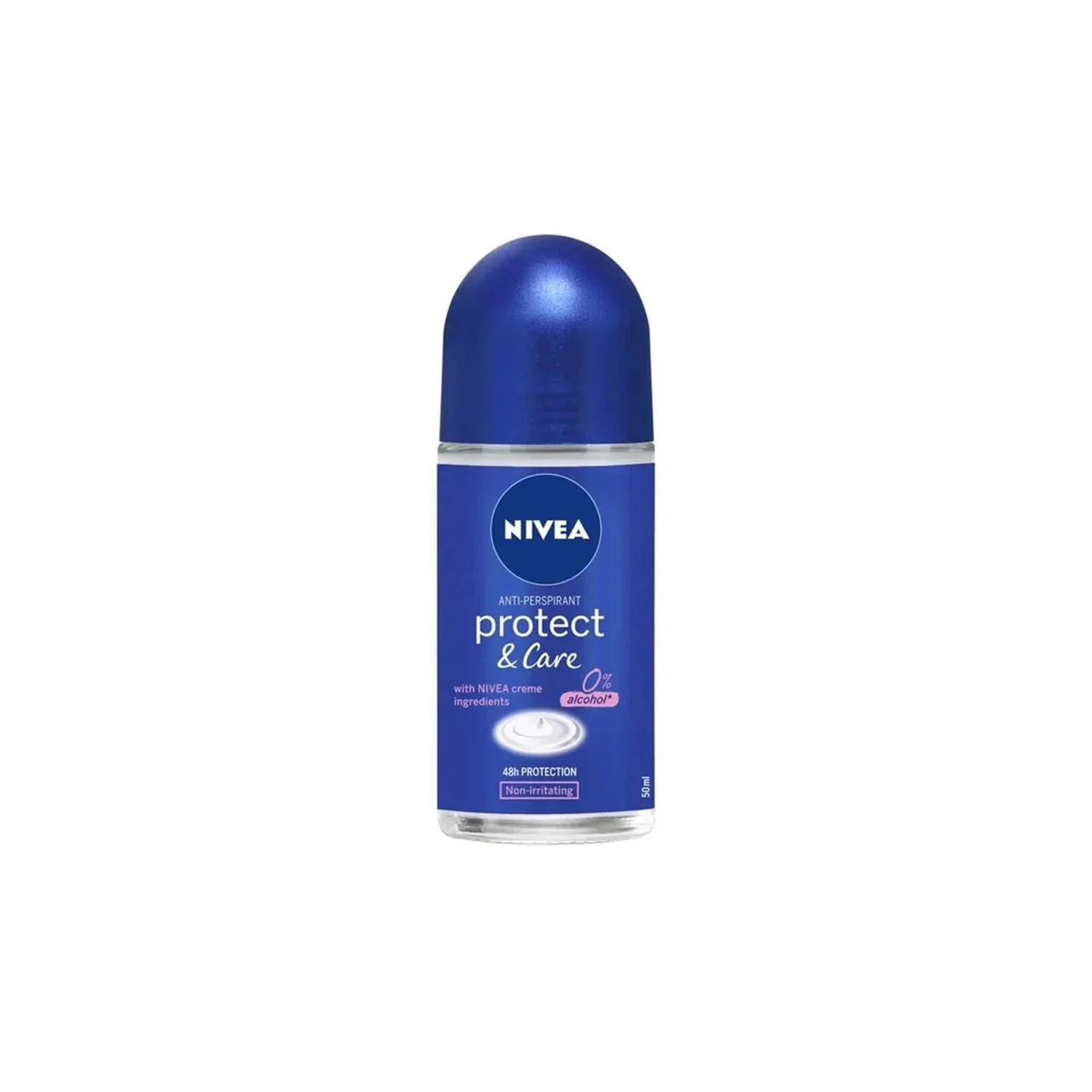 Nivea Protect & Care 48H alcohol-free anti-transpirant roll-on deodorant in 50ml bottle, displayed with nozzle and label.