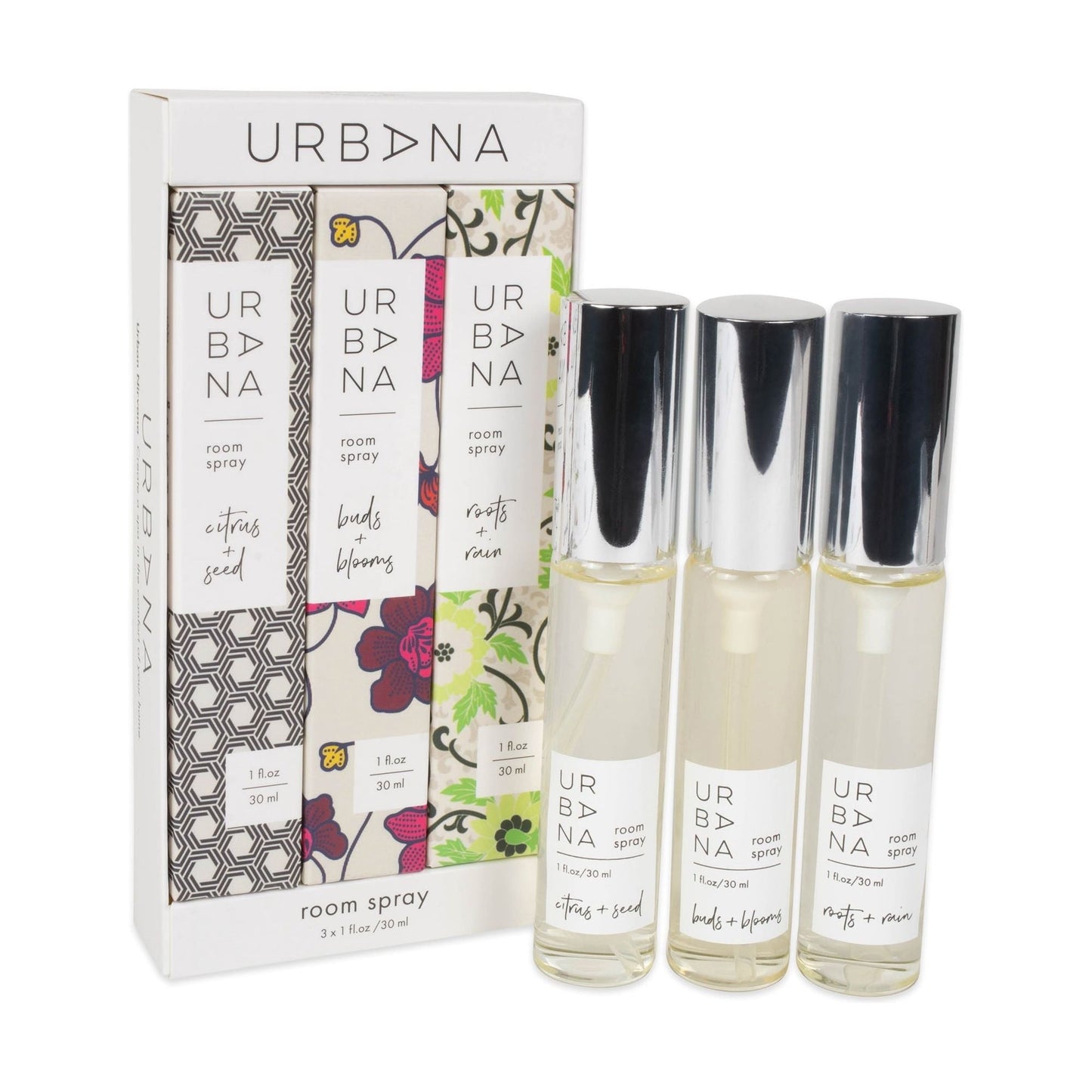 Urbana Room Sprays from Pasteur Pharmacy Home Collection set of three 30ml bottles, fresh and aromatic home fragrances.