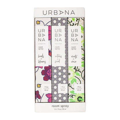 Urbana Room Sprays Home Collection set of three 30ml bottles by Pasteur Pharmacy, featuring fresh and floral scents for home.