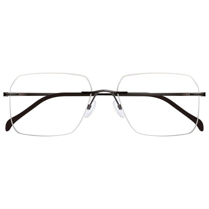 Black TiRag Rx eyeglasses with rectangular frames, featuring clear lenses and a sleek design.