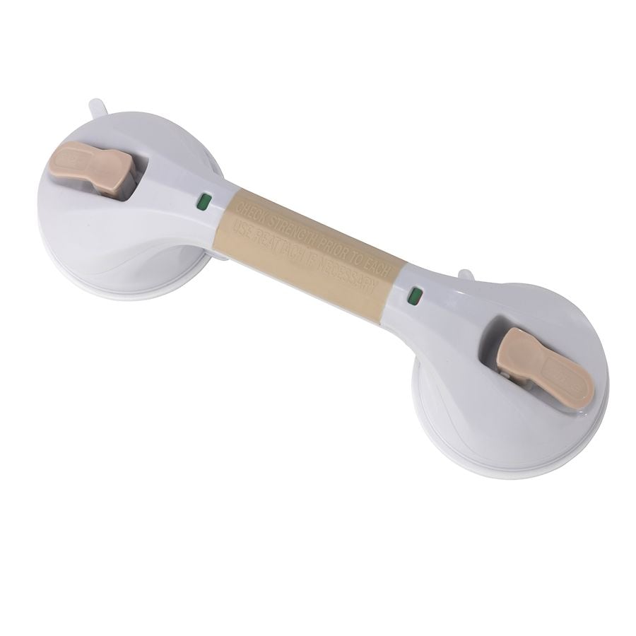 White and beige 12-inch Drive Medical suction cup safety grab bar mounted on a wall for support and stability.