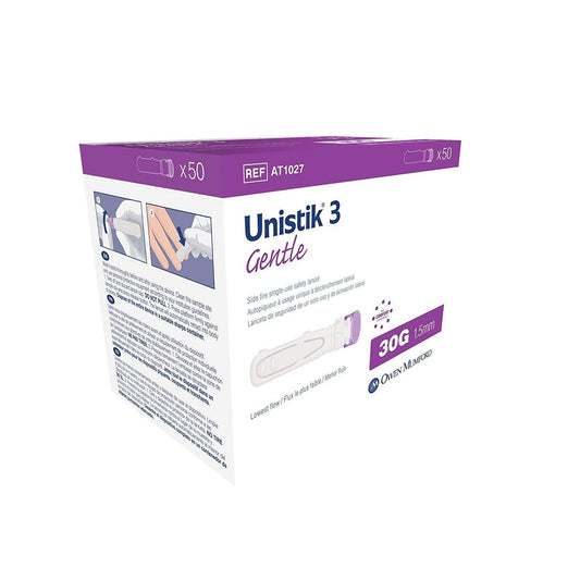 Owen Mumford Unistik 3 Gentle Safety Lancets for blood sampling, single-use sterile lancets on a white background.