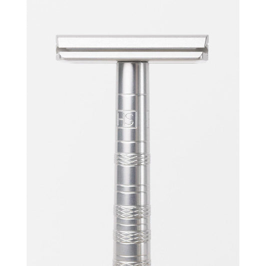 Henson Shaving AL13-V2 medium safety razor with aircraft aluminum handle, designed for a smooth shave.