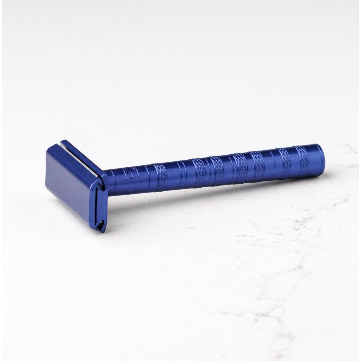 Henson Shaving AL13-V2 medium safety razor with aircraft aluminum handle, designed for a close, smooth shave.