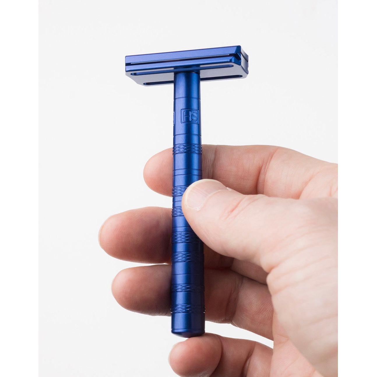 Henson Shaving AL13-V2 medium safety razor with aircraft aluminum handle, designed for a smooth shaving experience.
