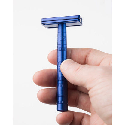 Henson Shaving AL13-V2 medium safety razor with aircraft aluminum handle, designed for a smooth shaving experience.