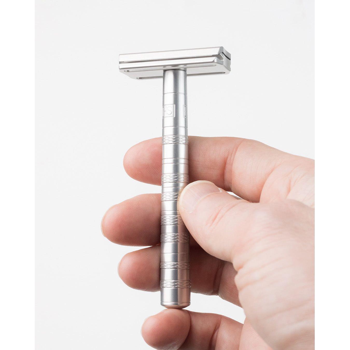 Henson Shaving AL13-V2 safety razor with aircraft aluminum handle, medium size, designed for a close, comfortable shave.