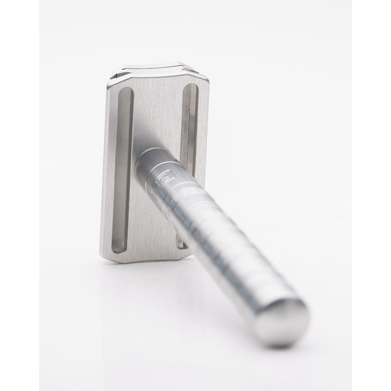 Henson Shaving AL13-V2 medium safety razor with aircraft-grade aluminum handle, designed for a precise, smooth shave.