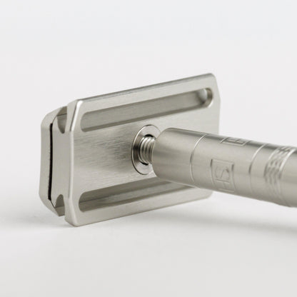 Henson Shaving AL13-V2 Medium Safety Razor with aircraft aluminum handle, detailed close-up of safety razor for a clean shave.