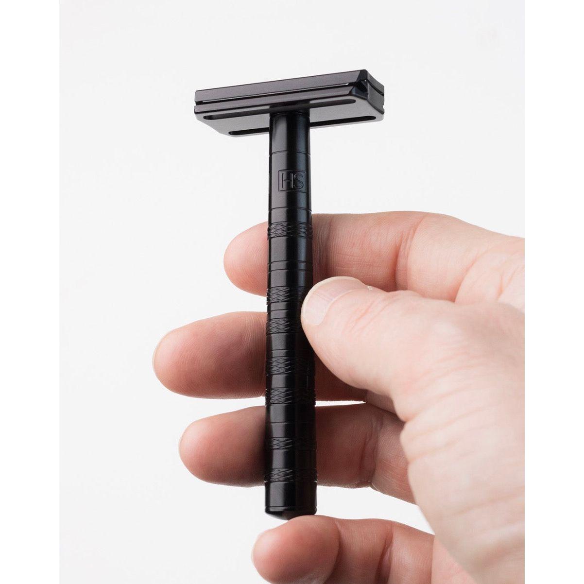 Henson Shaving AL13-V2 medium safety razor with aircraft aluminum handle, designed for a close, smooth shave.
