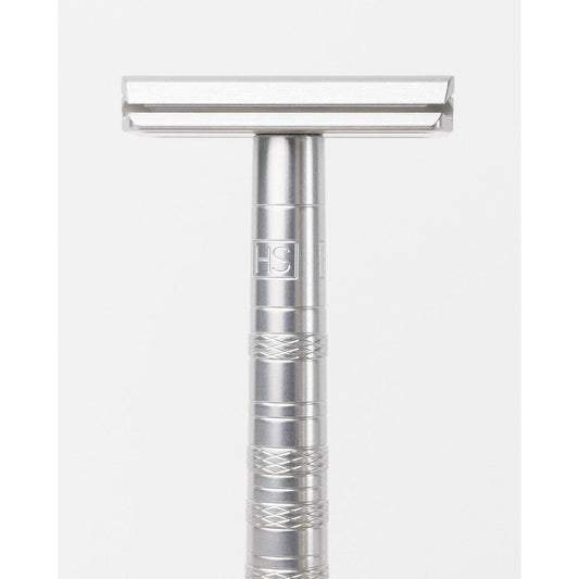 Henson Shaving AL13-V2 mild safety razor with aircraft aluminum handle, designed for smooth, gentle shaving.