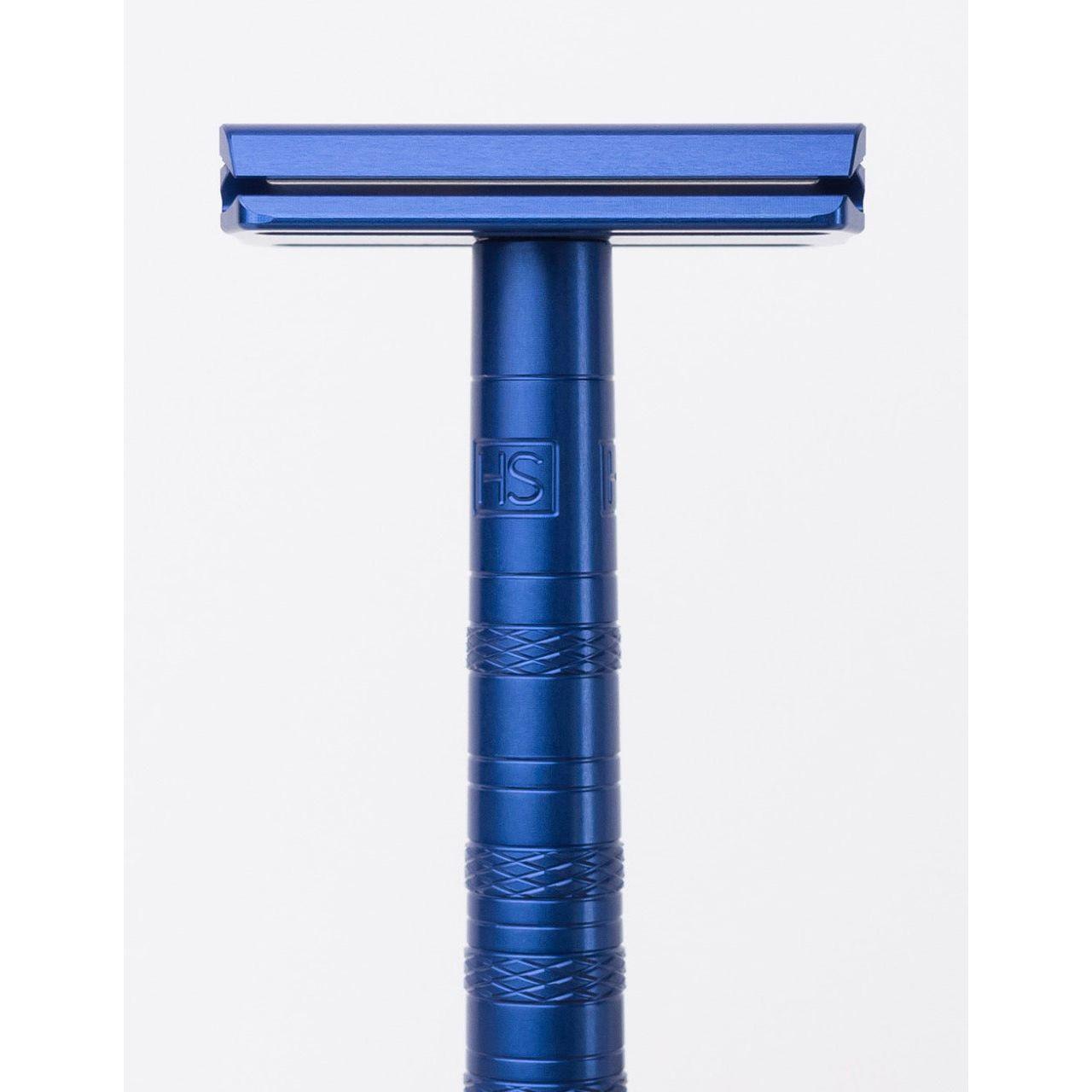Henson Shaving AL13-V2 mild safety razor with aircraft aluminum handle, shown with open safety razor blade and textured grip