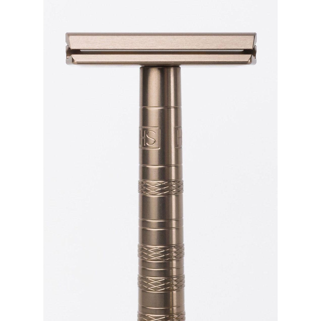 Henson Shaving AL13-V2 mild safety razor with aircraft aluminum handle, designed for a smooth shaving experience.