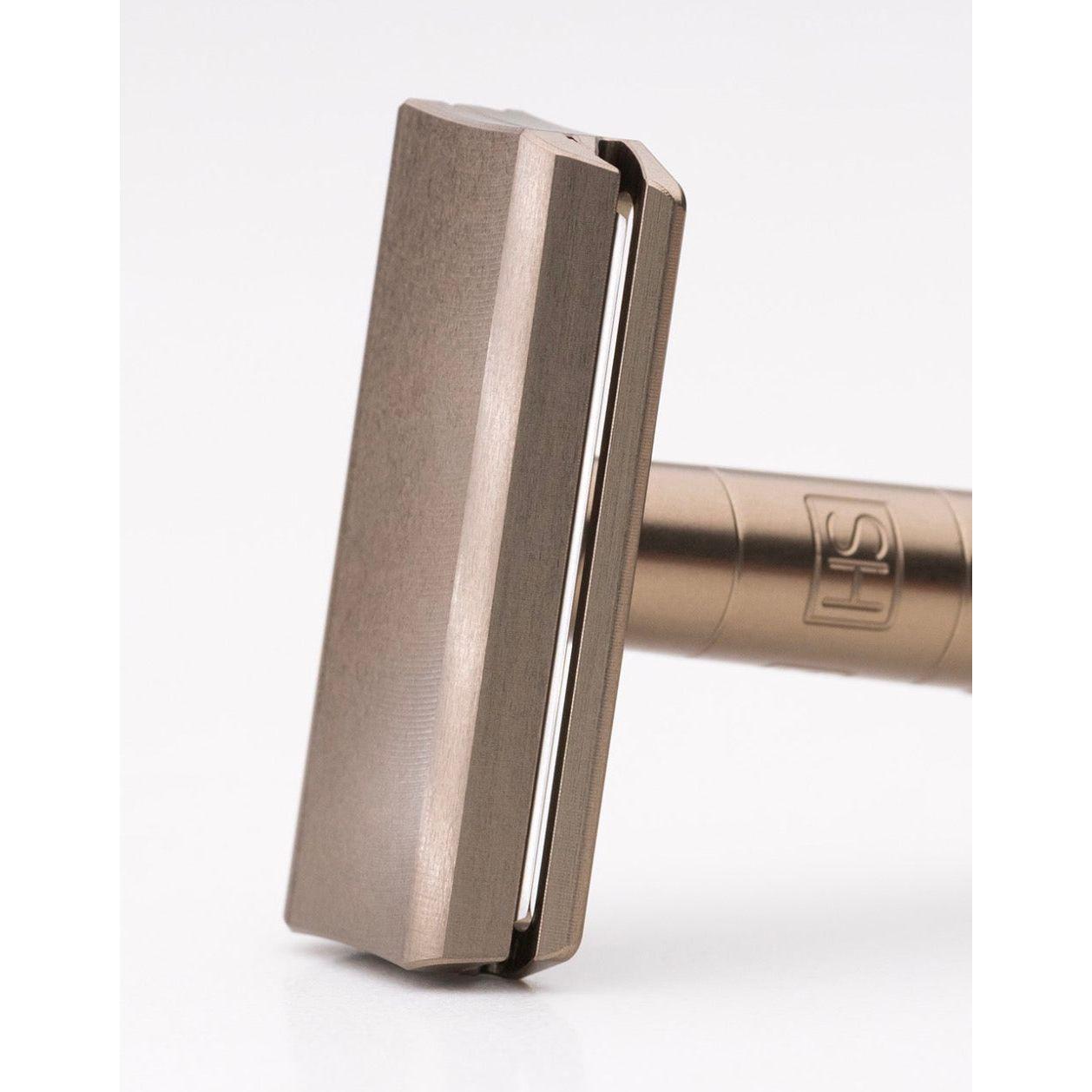 Henson Shaving AL13-V2 mild safety razor with aircraft aluminum handle, designed for a comfortable, close shave.