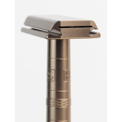 Henson Shaving AL13-V2 Mild Safety Razor with aircraft aluminum handle, detailed close-up of the safety razor for precise shaving.