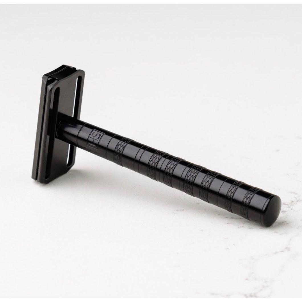Henson Shaving AL13-V2 mild safety razor with aircraft aluminum handle, designed for a smooth shave, shown with the razor assembled.