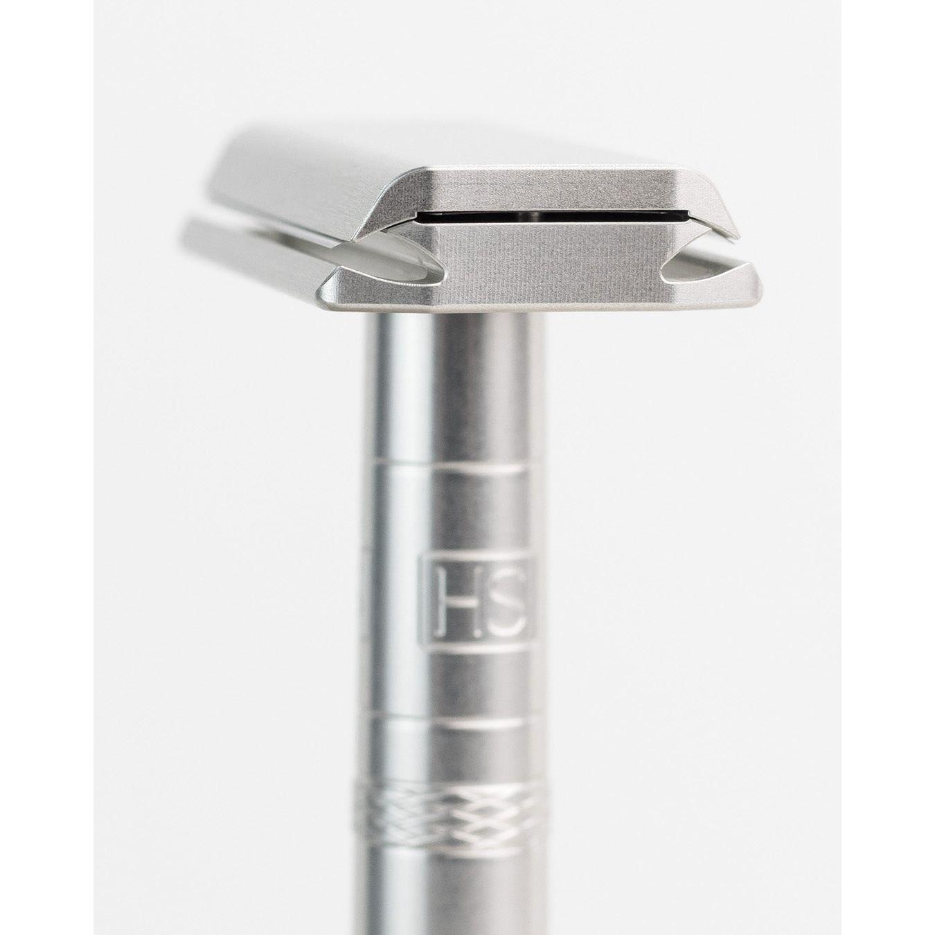 Henson Shaving AL13-V2 Mild Safety Razor with aircraft aluminum handle, designed for a smooth shave and lightweight comfort.