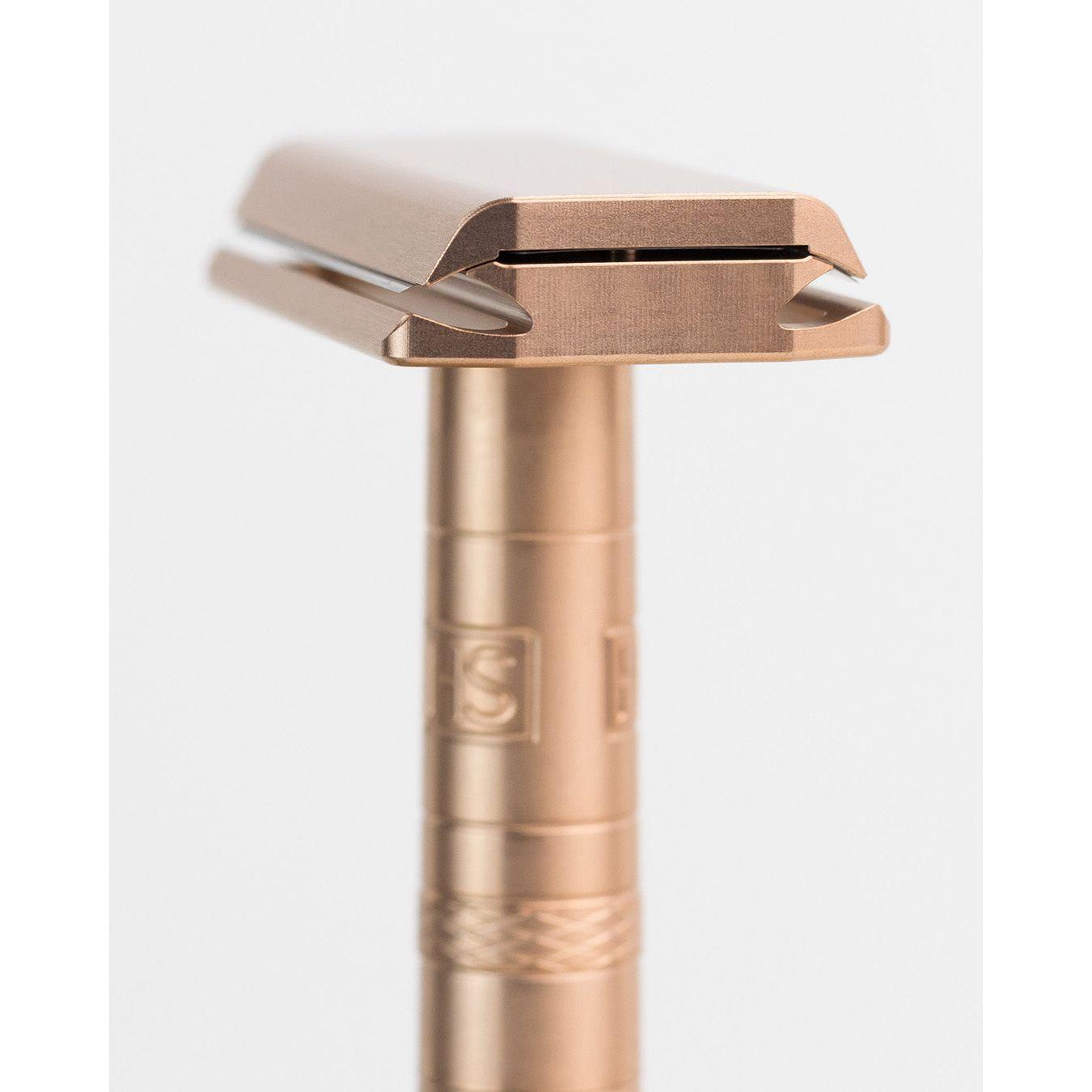 Henson Shaving AL13-V2 mild safety razor with aircraft aluminum handle, designed for a comfortable shave.