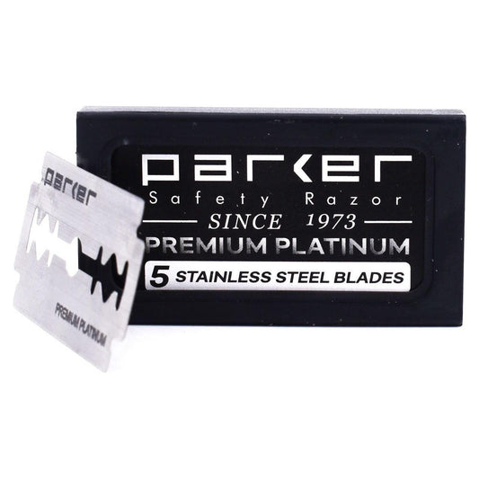 Parker Premium Platinum stainless steel safety razor blades, 5-pack, designed for smooth shaves with high-quality durability.