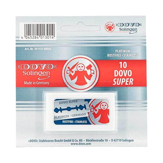 Dovo Super Razor safety razor blades in platinum stainless steel, designed for safety razors, made in Solingen Germany.