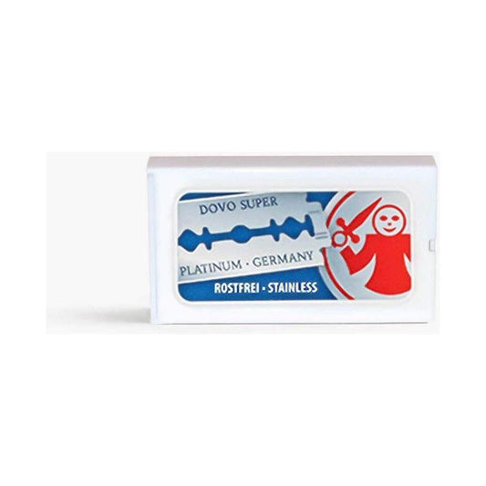 Dovo Super Razor safety razor blades in platinum stainless steel, designed for safety razors, made in Solingen, Germany.