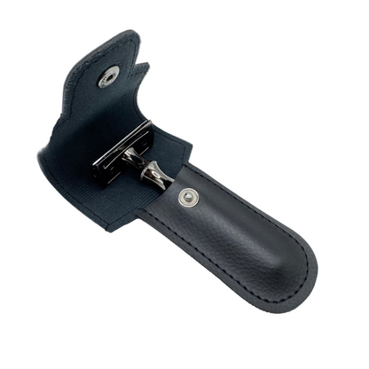 Dural Bronze Stanway double edge safety razor by Pasteur Pharmacy with protective pouch, showcasing its sleek bronze finish and safety design.