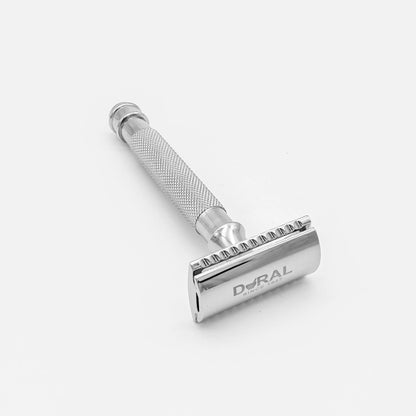 Chrome double-edge safety razor with a pouch by Dural Eyan, featuring a sleek design and safety guard for a close shave.