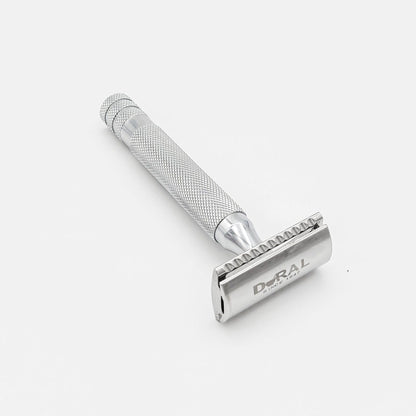 Dural HD Model double edge safety razor with a black handle and safety guard, placed next to a black pouch for storage.