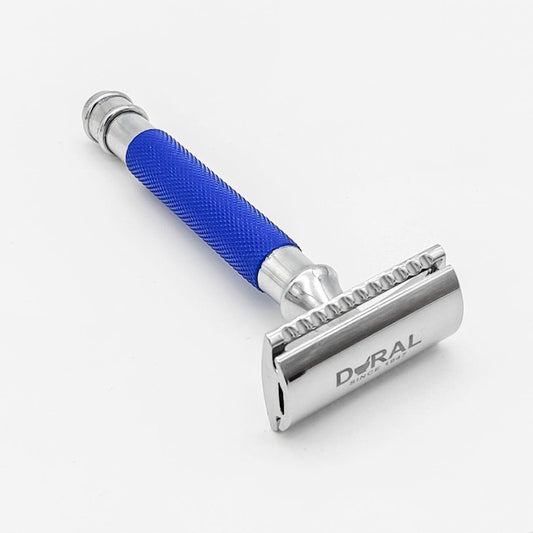 Dural Heavy Stroud Head safety razor by Pasteur Pharmacy with blue and silver finish and included pouch.