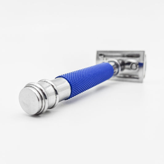 Dural Heavy Stroud Head safety razor by Pasteur Pharmacy with blue and silver finish and included pouch.