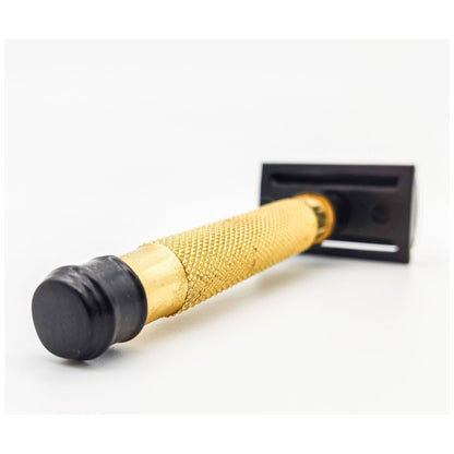 Dural Heavy Stroud Head double-edge safety razor by Pasteur Pharmacy in gold and black with protective pouch.