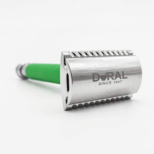 Dural Heavy Stroud Head safety razor by Pasteur Pharmacy with green and silver finish and a black pouch.