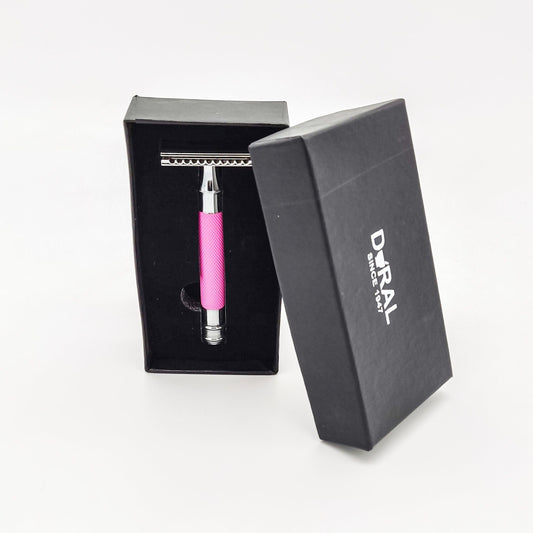 Dural Heavy Stroud Head safety razor by Pasteur Pharmacy in pink and black with a storage pouch, featuring a double-edge blade design.