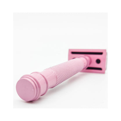 Dural Heavy Stroud Head double edge safety razor by Pasteur Pharmacy, pink and black with protective pouch.