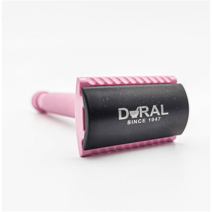 Dural Heavy Stroud Head safety razor by Pasteur Pharmacy with pink and black design and matching pouch.