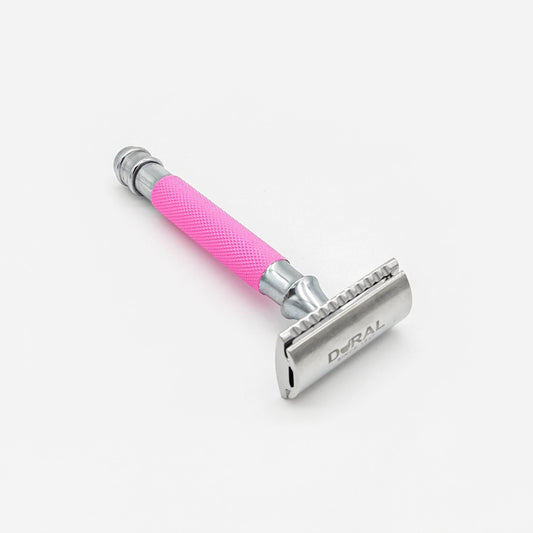 Dural Heavy Stroud Head double edge safety razor in pink and silver with a protective pouch, by Pasteur Pharmacy.